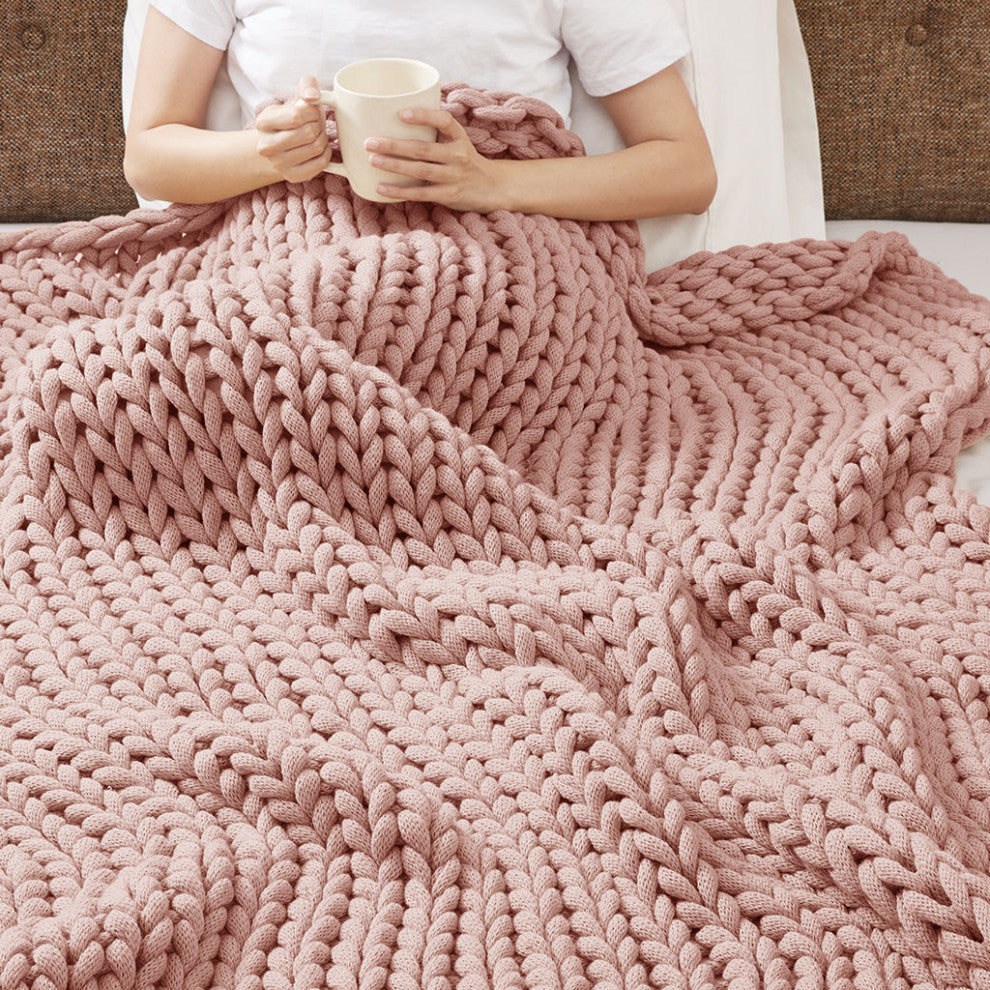 Madison Park Chunky Double Knit Handmade Throw Blanket, Blush, Blush