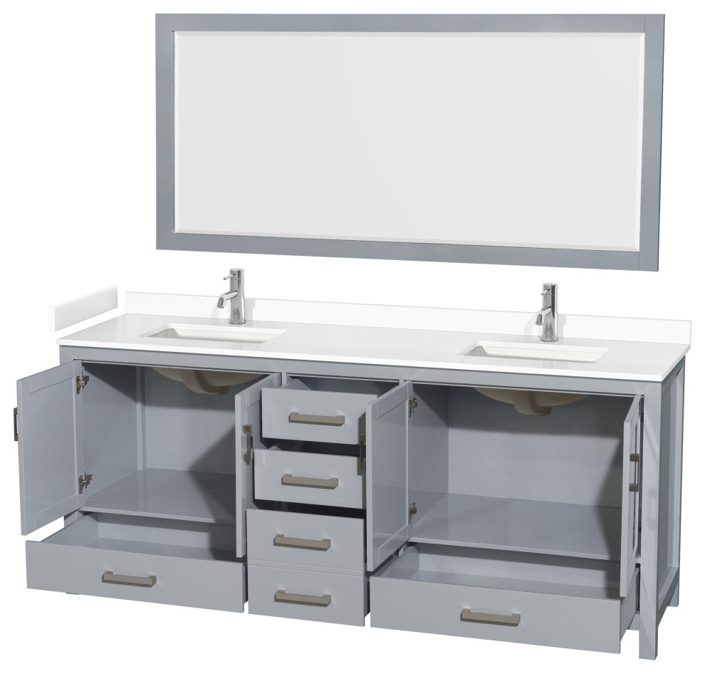 80"DBL Bathroom Vanity, Gray, White Cult. Marble Countertop, Sinks, 70" Mirror