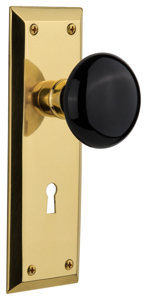 New York Plate Interior Mortise Black Porcelain Door Knob, Polished Brass