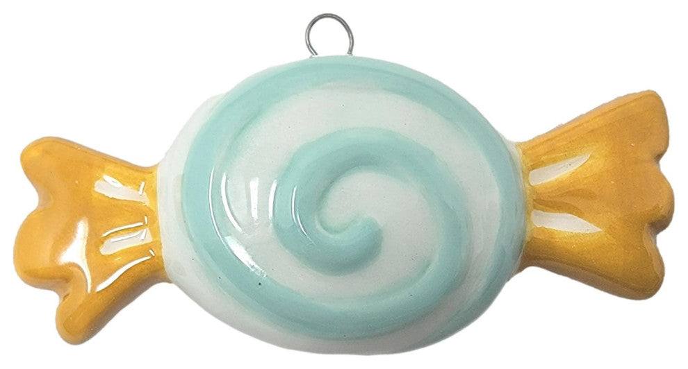 Set of 3 Striped Ceramic Candy Ornaments Bonbon Old Fashioned Vintage Style, Red Swirl/Blue/Pink