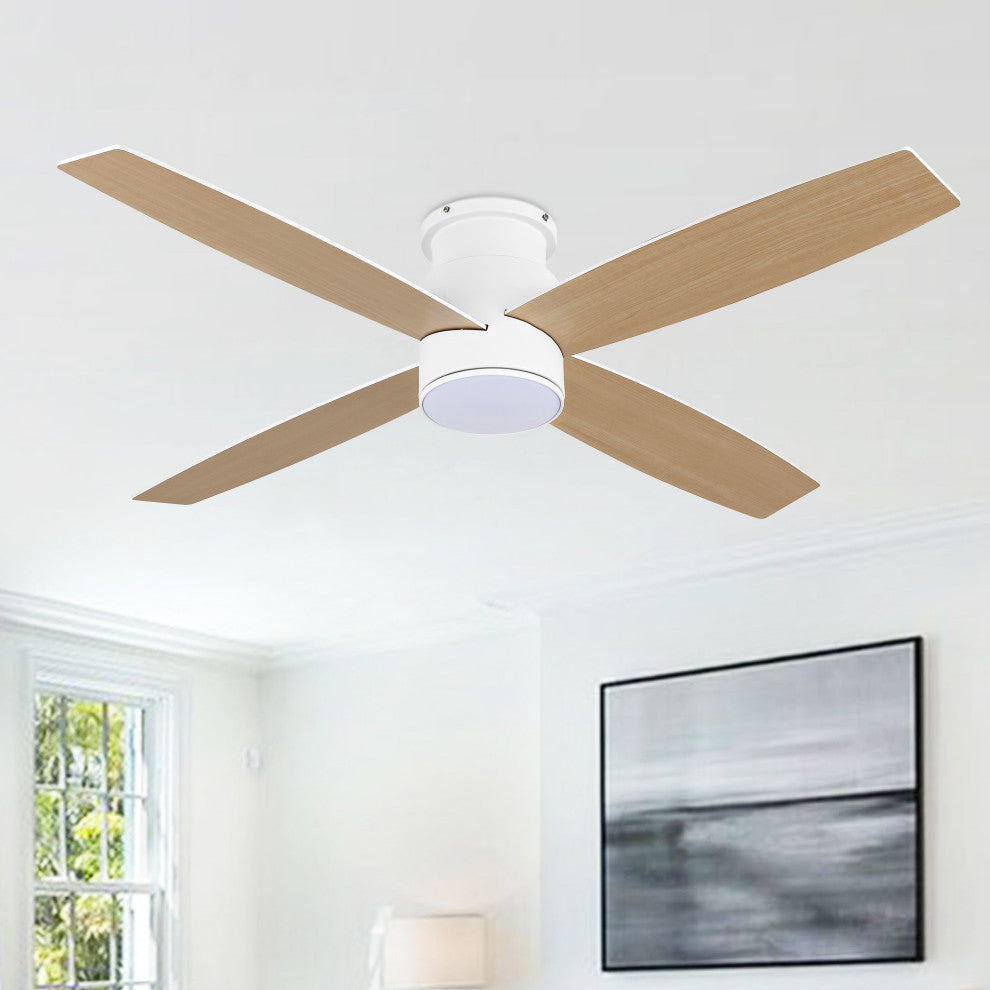 52" 4-Blade Flush Mount LED Ceiling Fan With Remote and Light, White