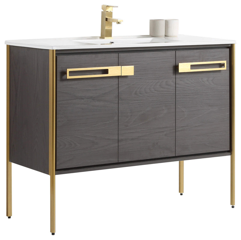 Oakville Bath Vanity, Ceramic Sink, Black Coal Oak, 42 Inch, Satin Brass Hardwar