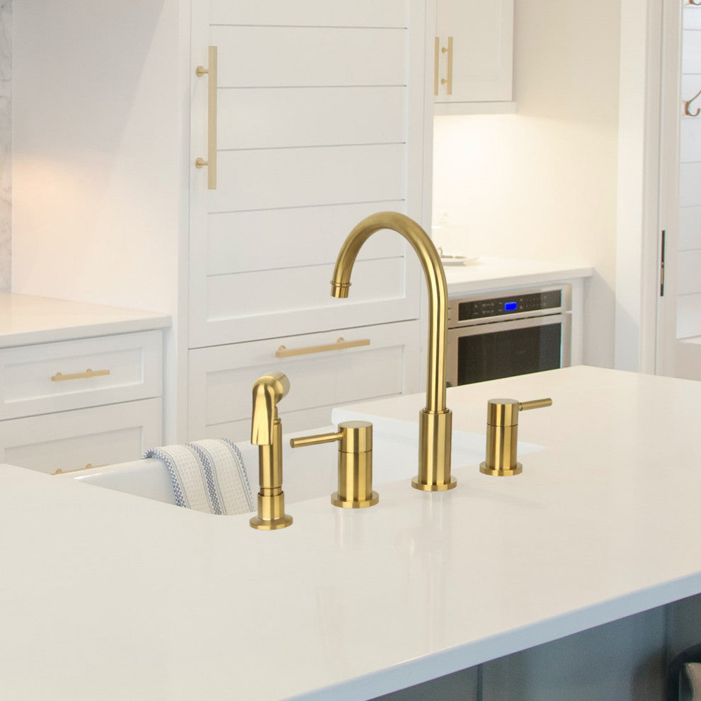 Two-Handles Copper Widespread Kitchen Faucet With Side Sprayer, Brushed Gold