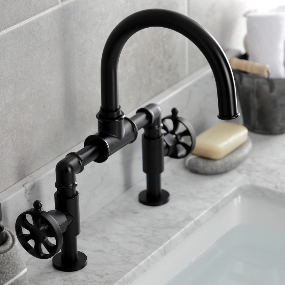 Belknap Style Wheel Handle Bridge Bathroom Faucet With Pop-Up Drain, Matte Black