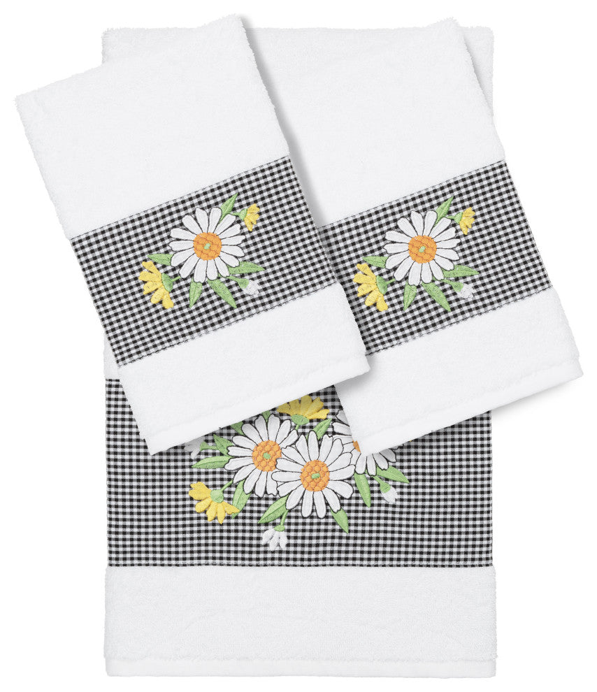Linum Home Textiles Turkish Cotton Daisy 3-Piece Embellished Towel Set, White