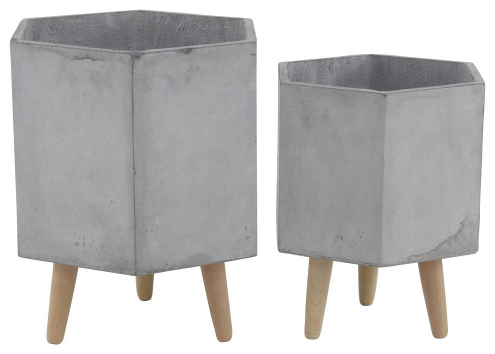 Set of 2 Grey Polystone Contemporary Planter, 15", 17"