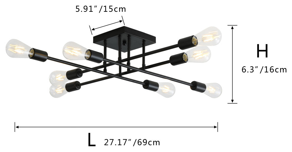 8 Light Semi Flush Mount Light Industrial Sputnik Ceiling Light Black