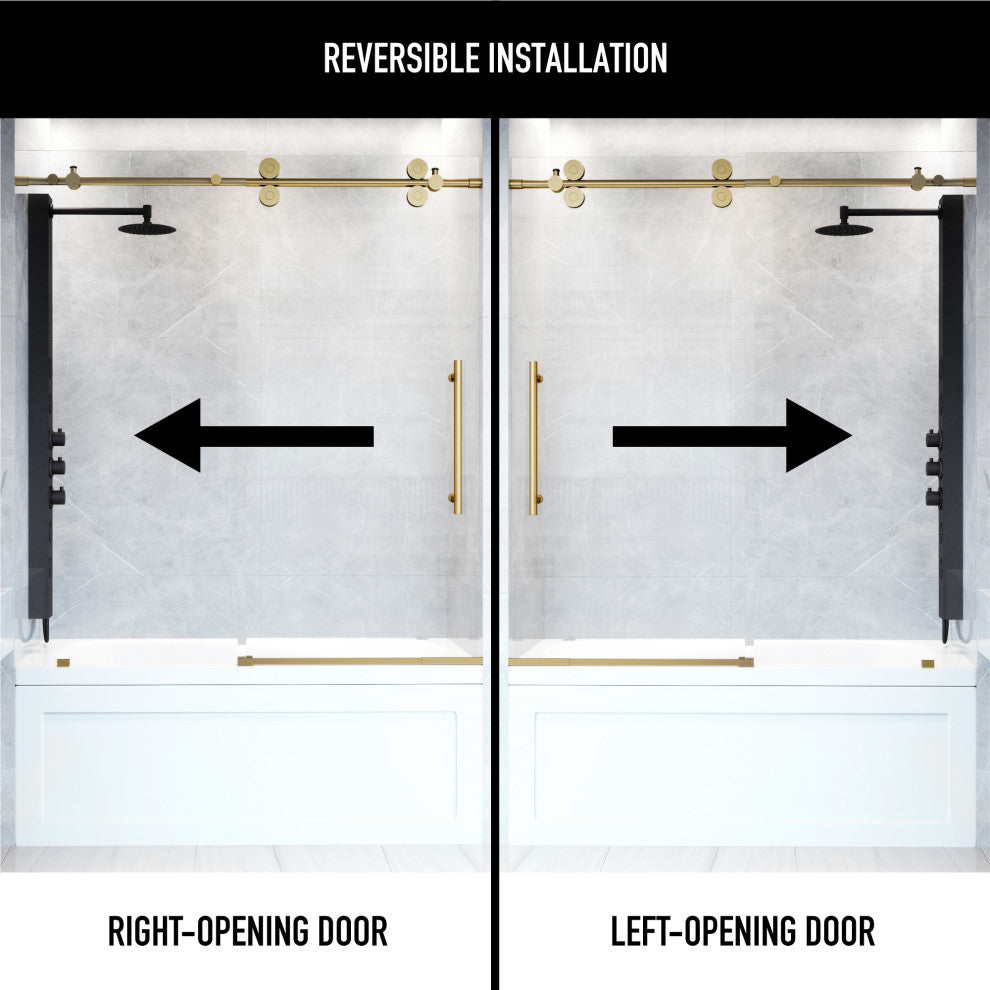 VIGO Elan 56" to 60" W x 66" H Frameless Sliding Tub Door, Matte Gold, Laminated Glass