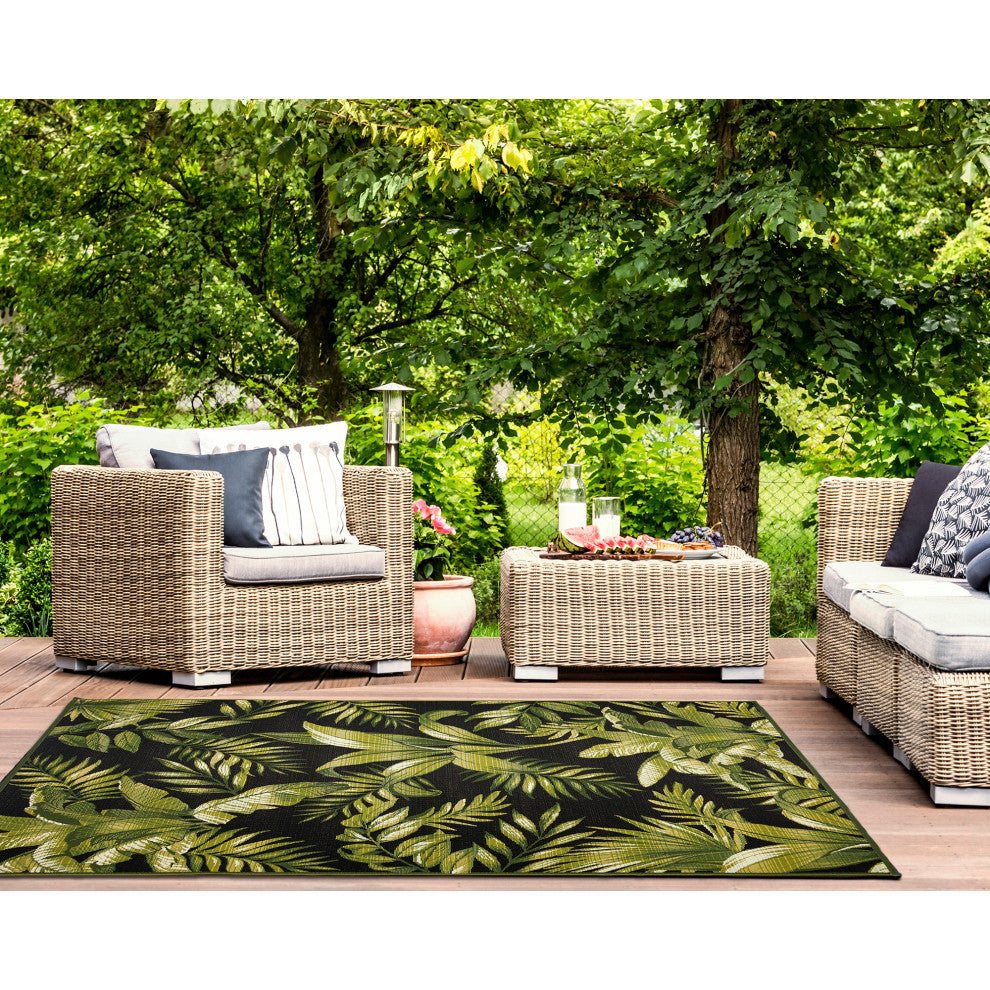 Marina Jungle Leaves Indoor/Outdoor Rug, Black, 8'10"x11'9"