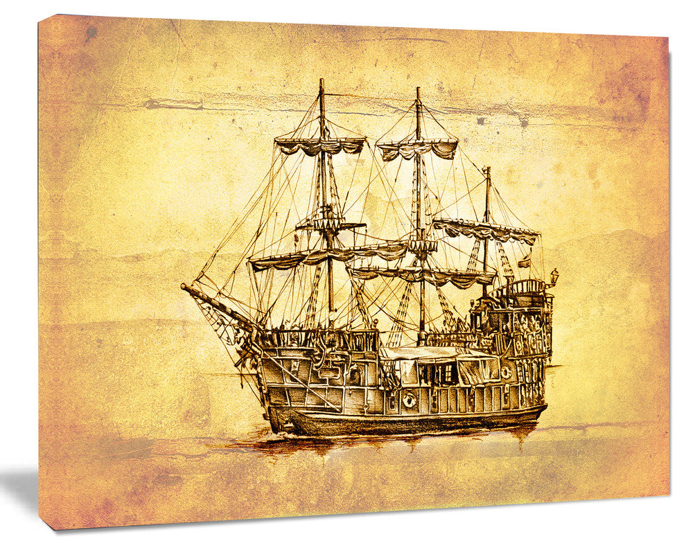 Brown Ancient Moving Boat, Seashore Wall Art on Canvas, 20"x12"