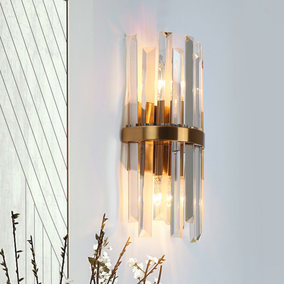 LNC 2-Light 6" Modern Brass Crystal Glass Wall Sconce, Vertical Prism Design