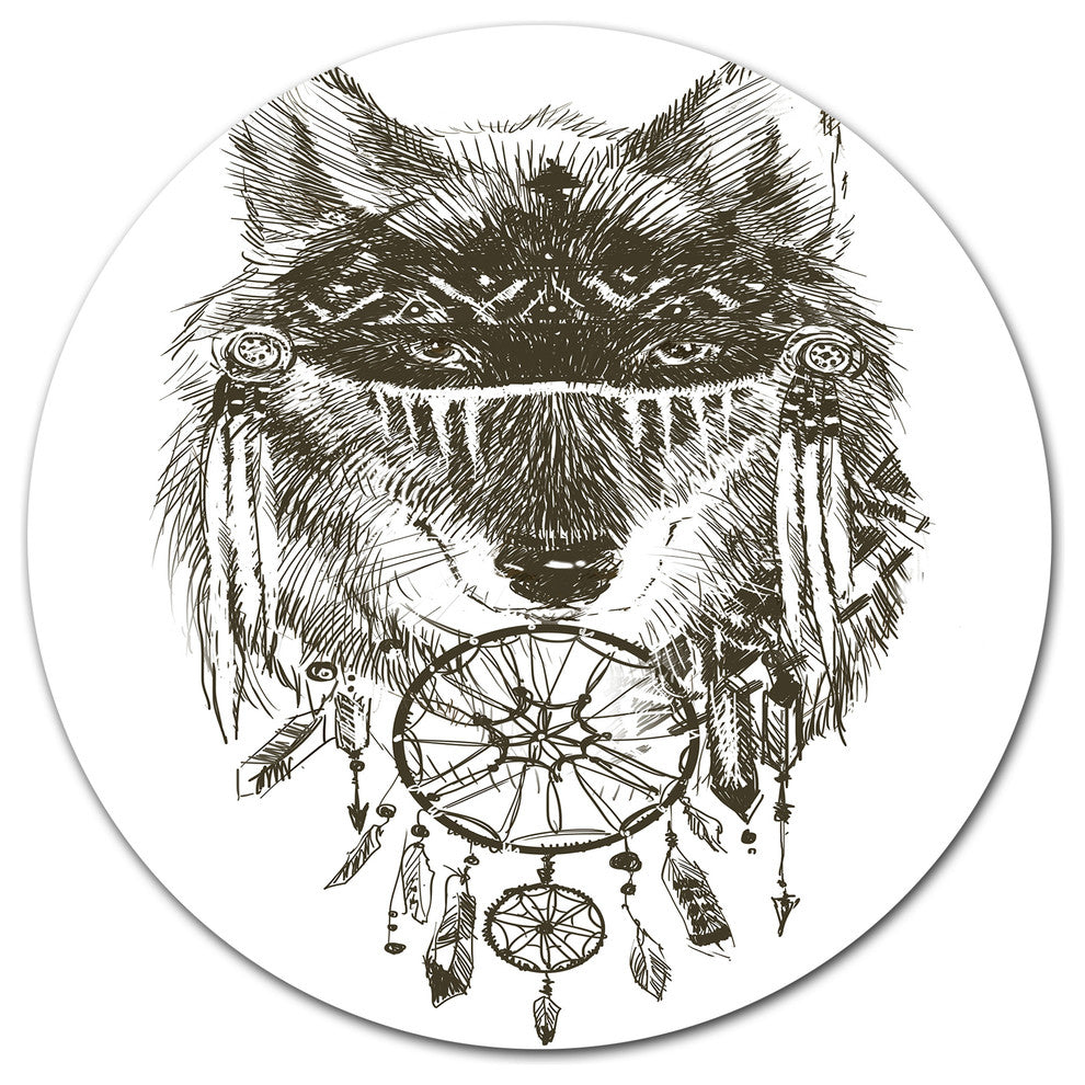 Funny Indian Wolf Warrior Watercolor, Animal Disc Metal Artwork, 11"