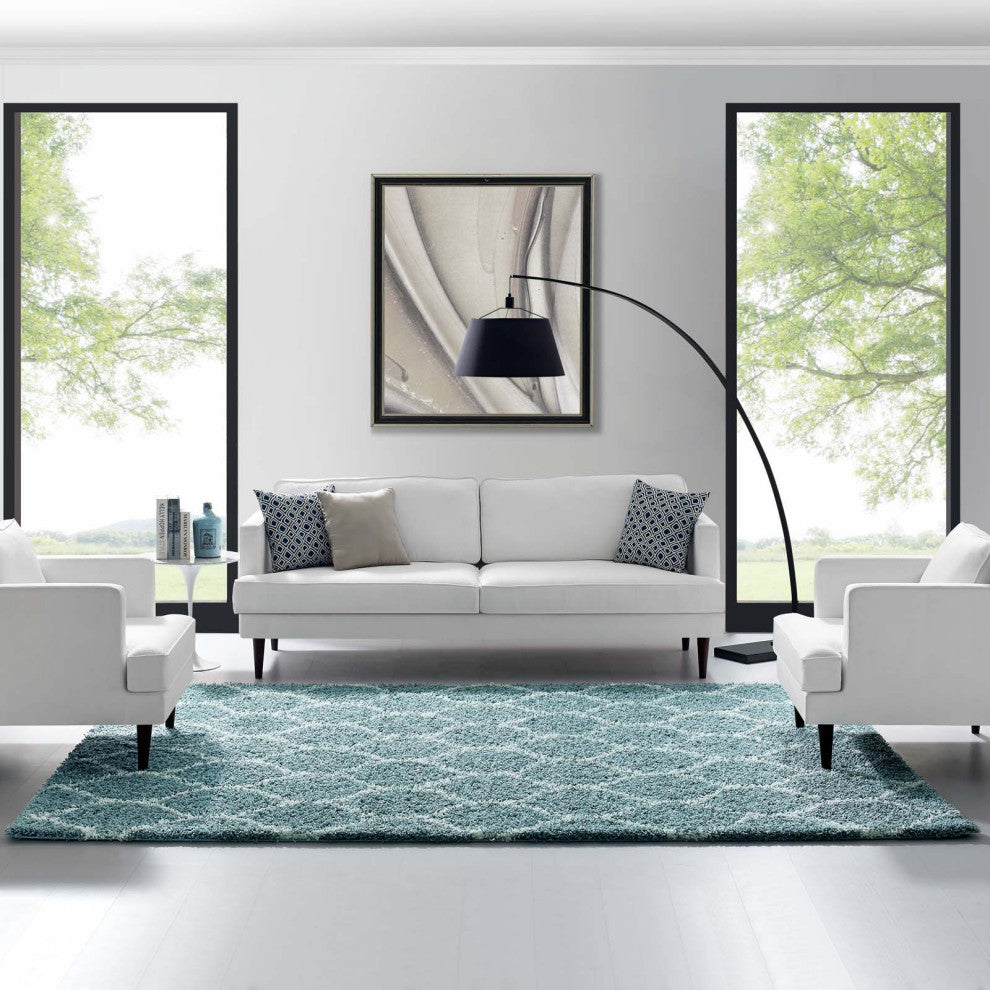 Aqua Blue and Ivory Solvea Moroccan Trellis 8x10 Shag Area Rug