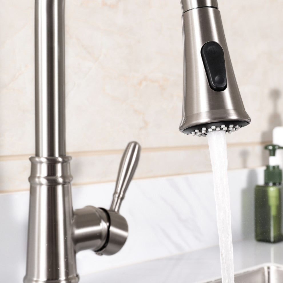 Single Handle High Arc Pull Out Kitchen Faucet in Brushed Nickel Finish