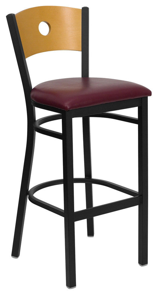 Black Circle Back Metal Barstool, Natural Wood Back, Burgundy Vinyl Seat