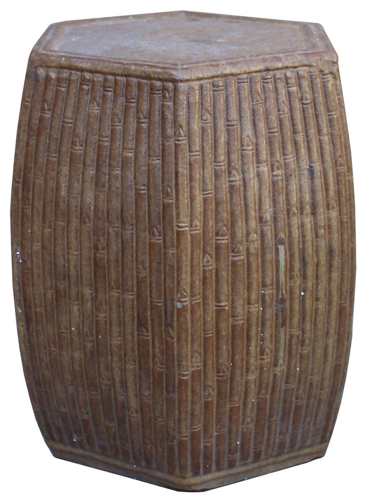 Chinese Hexagon Bamboo Theme Brown Ceramic Clay Garden Stool