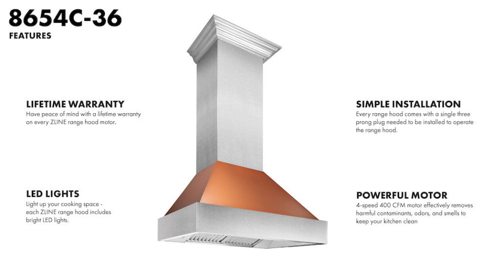 Ducted DuraSnow Stainless Steel Range Hood with Copper Shell