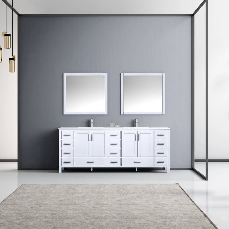 Jacques 84" White Double Sink Vanity with Quartz Top, With Faucet and Mirror
