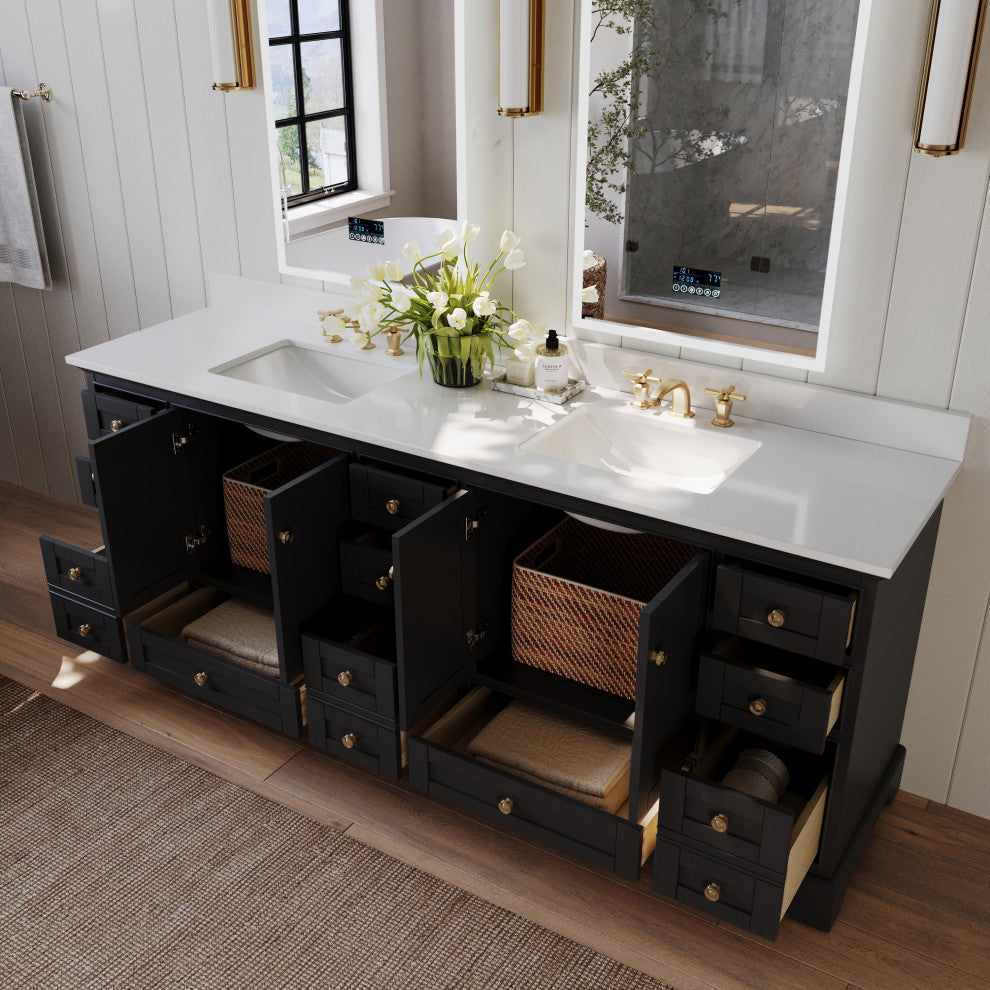 Audrey Vanity Set, Black Onyx, 84", Gold Hardware, White Quartz Top