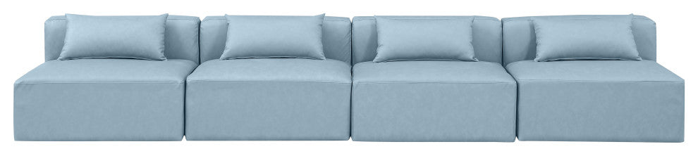 Cube Upholstered Modular Sofa, Light Blue, 4-Piece: 4 Armless Chair, Vegan Leather