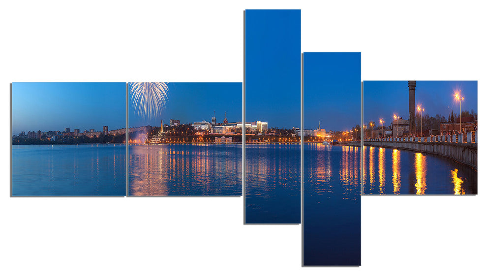 Embankment of City Panorama, Cityscape Canvas Art Print, 60"x32", 5 panels