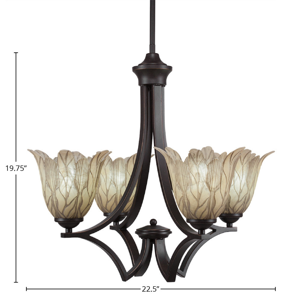 Zilo 4 Light Chandelier, Dark Granite Finish With 7" Vanilla Leaf Glass