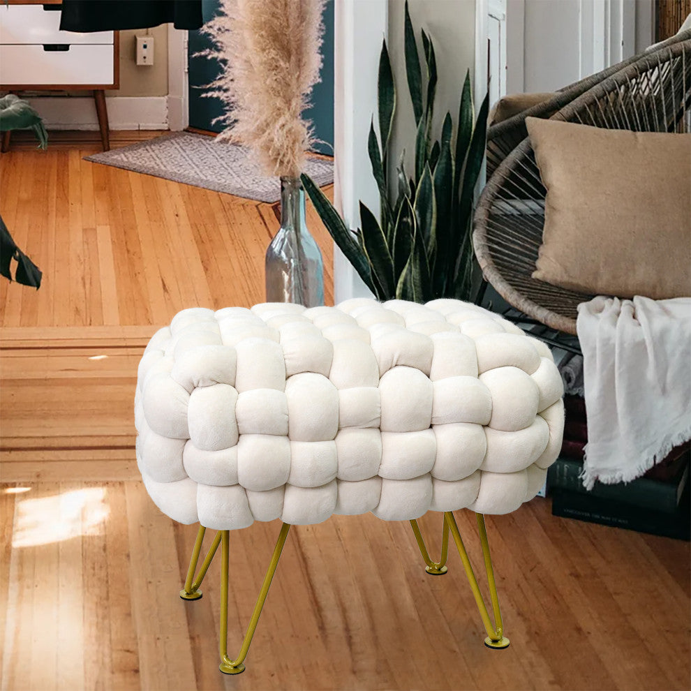 Velvet Pouf Stool Ottoman, Ivory, 27''x20''x20''