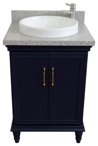 25" Single Vanity, Blue Finish With Gray Granite And Round Sink