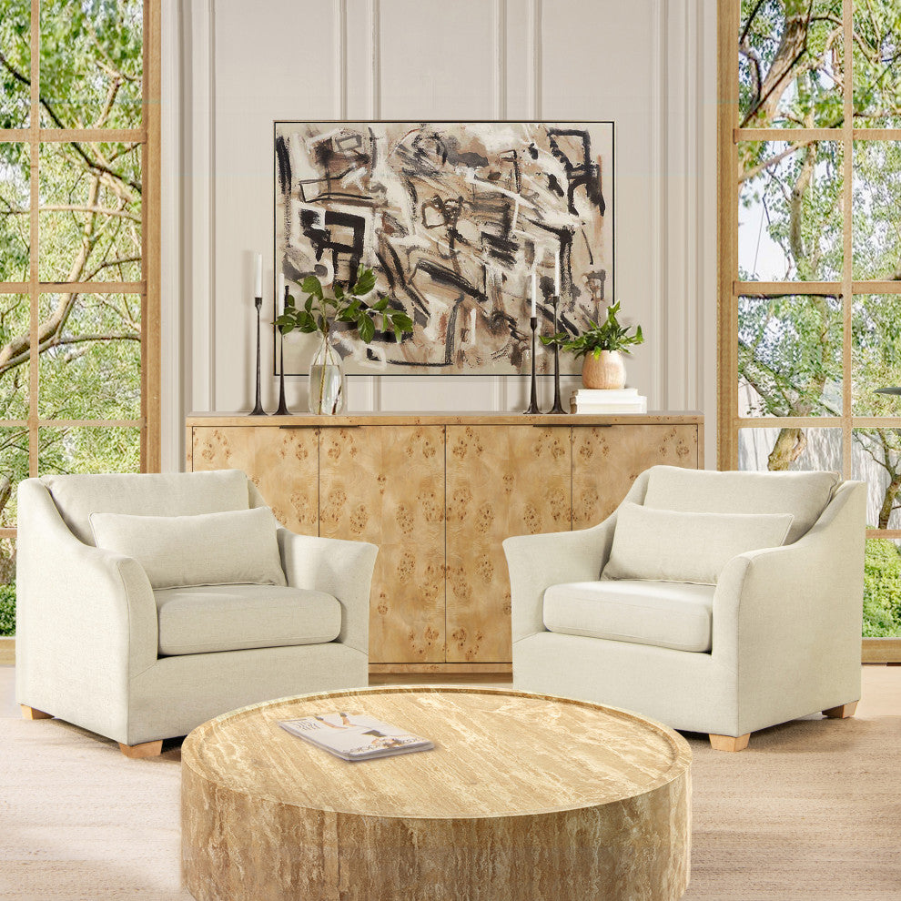 Ada 38" Flared Arm Contemporary Armchair With Lumbar Pillow, Flax White Linen