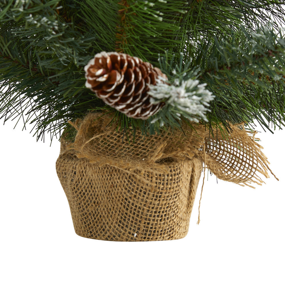 2' Frosted Pine Faux Xmas Tree W/ 35 Clear LED Lights, Pinecones and Burlap Base
