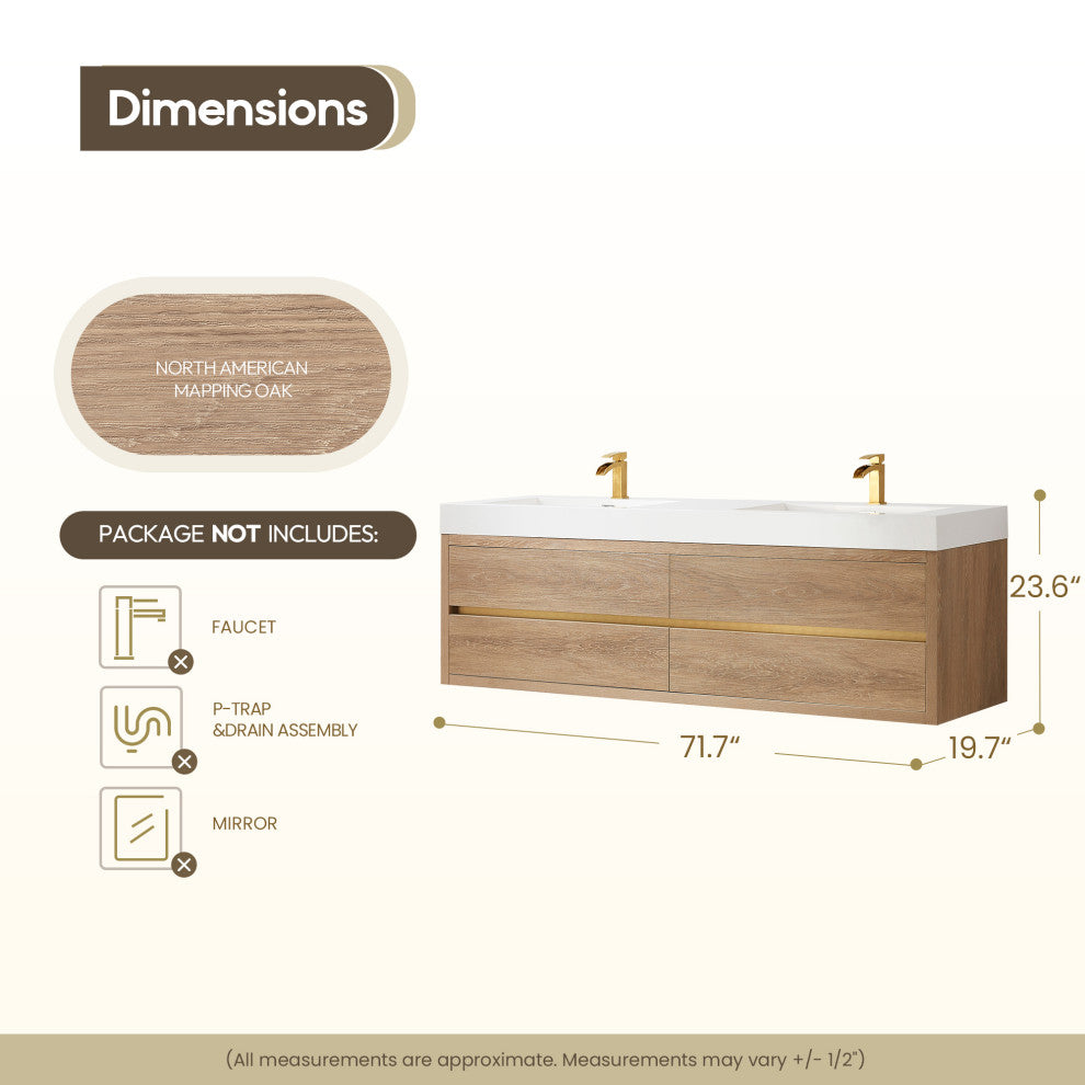 Palencia Floating Bath Vanity With Composite Stone Top, North American Oak, 72", No Mirror