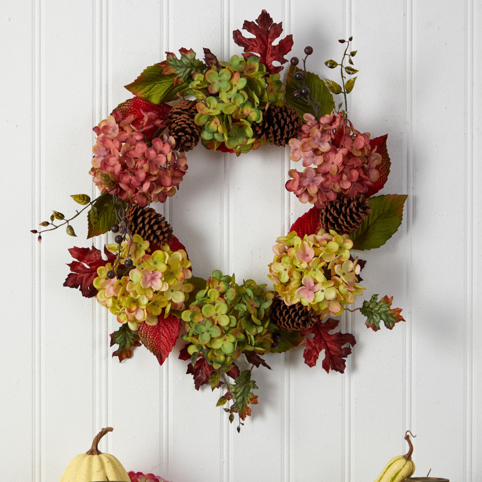 25" Autumn Hydrangea and Pinecones Fall Artificial Wreath