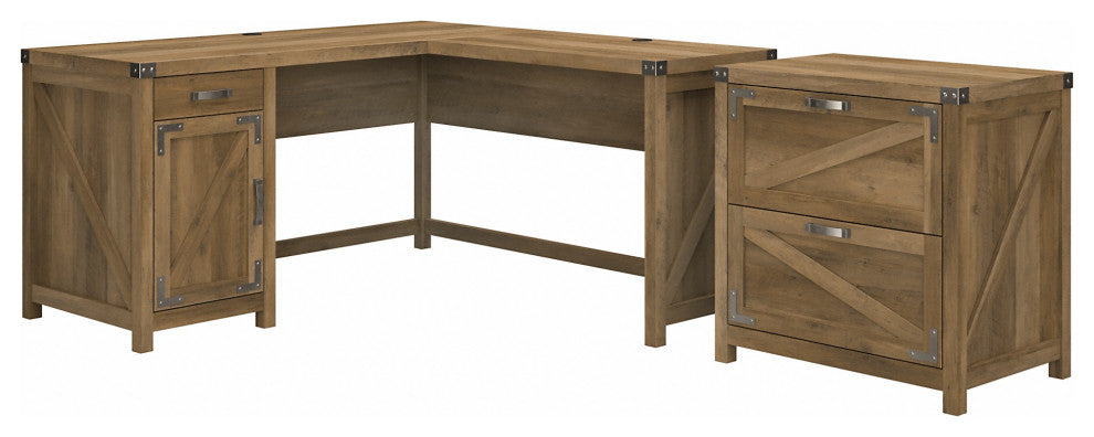 kathy ireland Cottage Grove 60" L Shaped Desk, 2 Drawer Cabinet, Reclaimed Pine