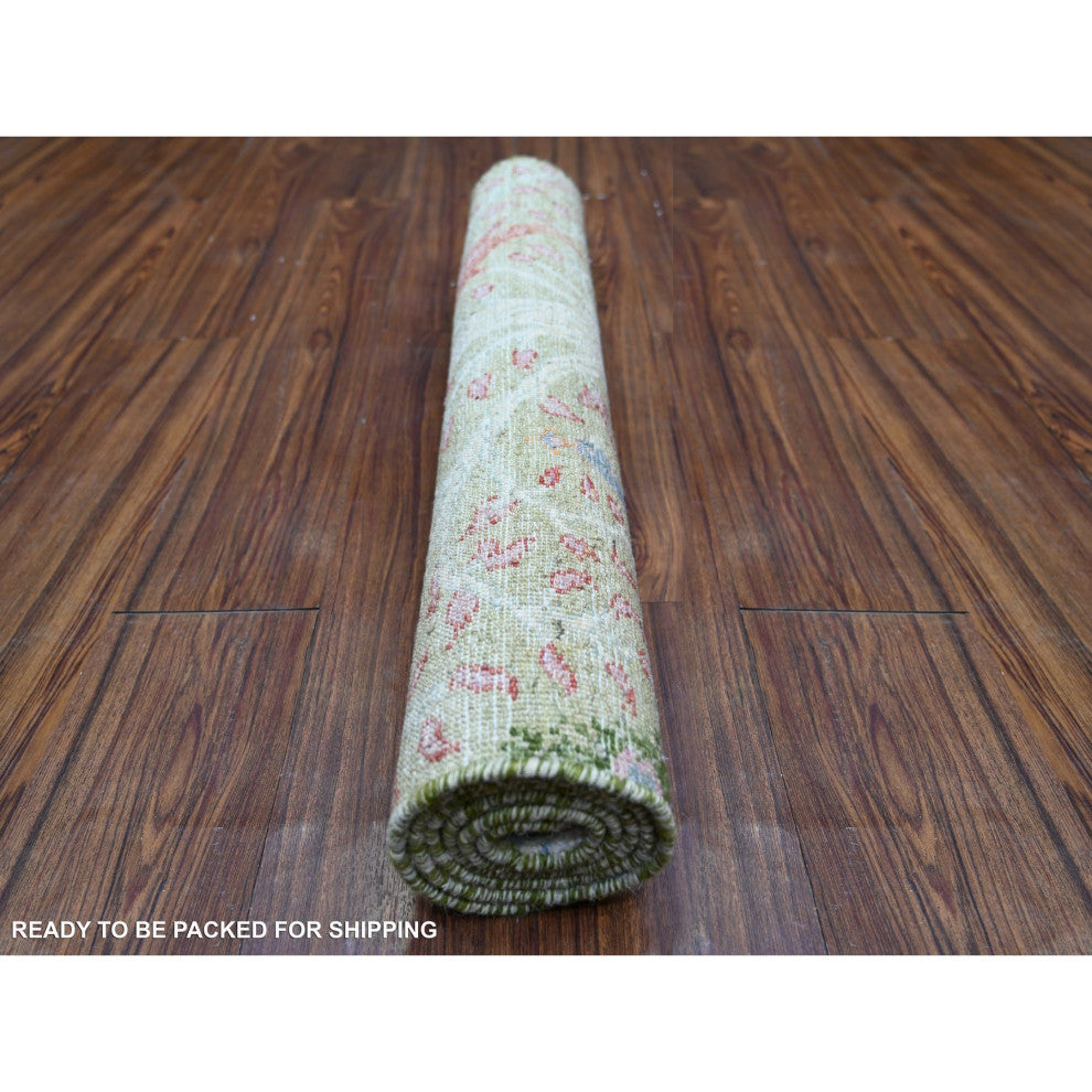 Reseda Green Pure Wool Hand Knotted Afghan Peshawar Oriental Rug, 3'x5'2"