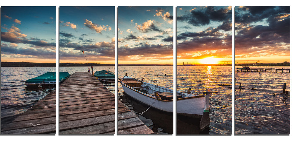 Boats and Jetty under Dramatic Sky, Modern Canvas Print, 60"x28", 5 Panels