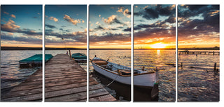 Boats and Jetty under Dramatic Sky, Modern Canvas Print, 60"x28", 5 Panels