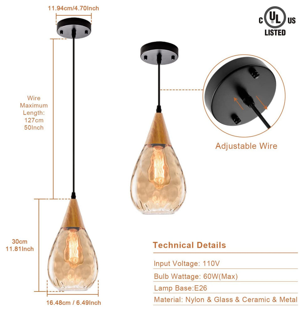 Simplicity Pendant Light, Teardrop Glass Shade, Contemporary Hanging Lamp