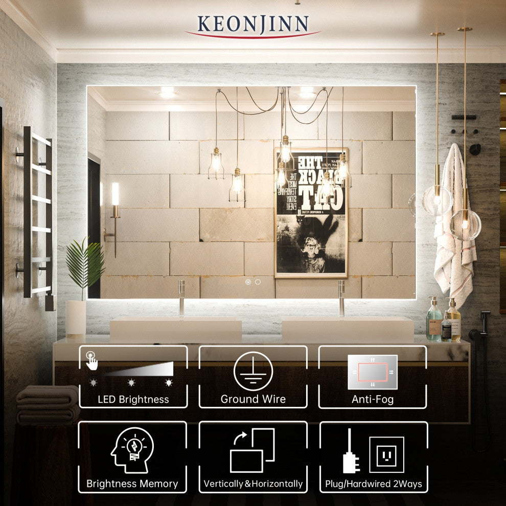 Backlit 3-Color LED Mirror for Bathroom, Anti-Fog Dimmable, 55x36