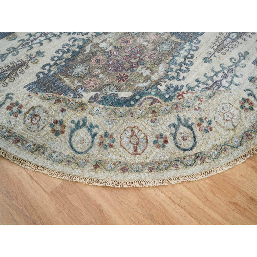 Ivory Wool Hand Knotted Reimagined Persian Viss Round Oriental Rug, 9'9"x9'9"