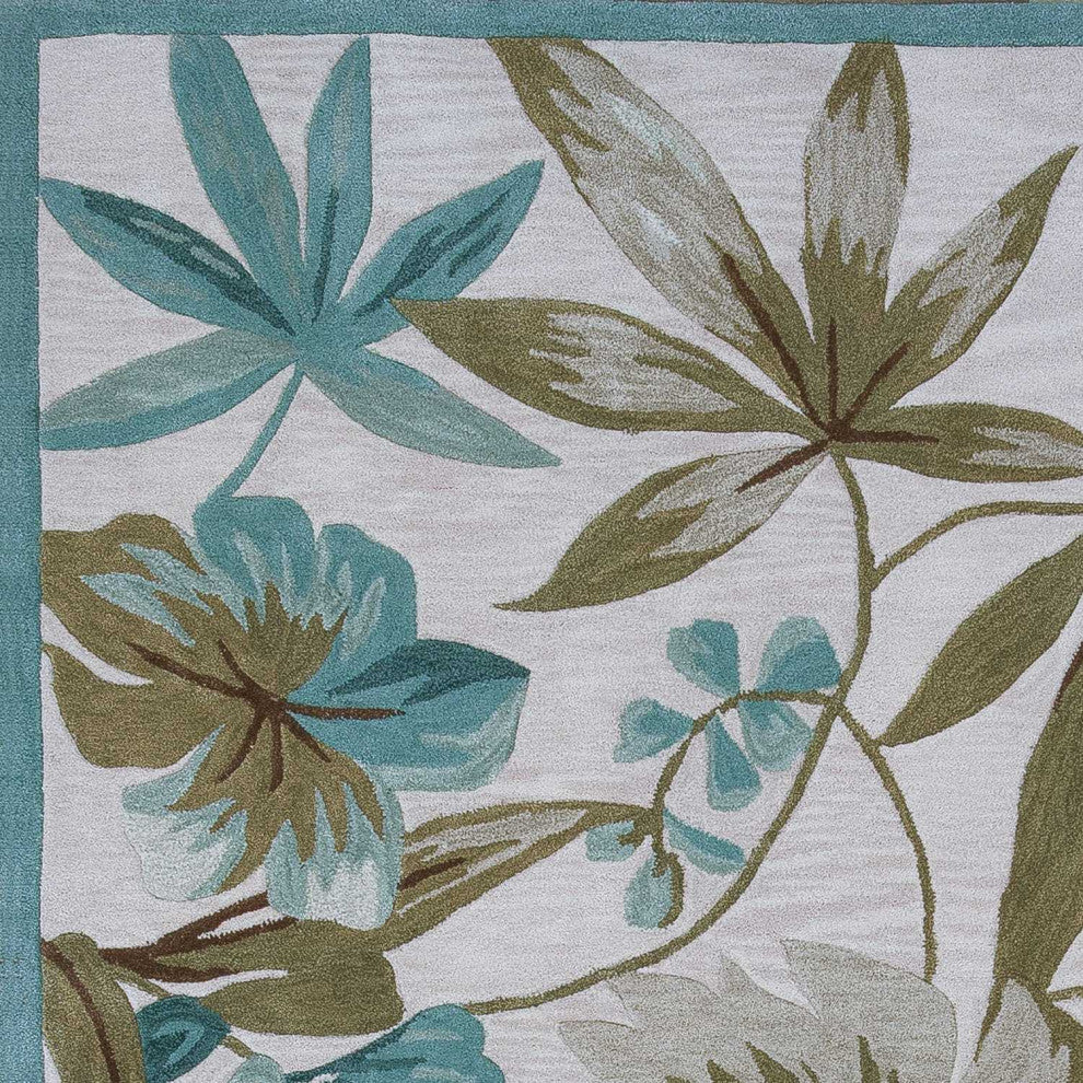 HomeRoots 3'x5' Ivory Teal Hand Tufted Tropical Leaves Round Indoor Area Rug