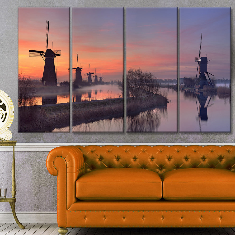 Windmills at Sunrise Panorama, Landscape Canvas Art Print, 48"x28", 4 Panels