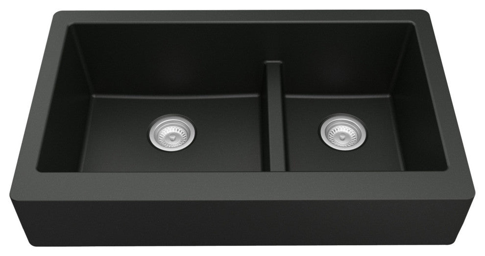 Karran Retrofit Farmhouse Quartz 34" Double Offset Bowl Sink, Black