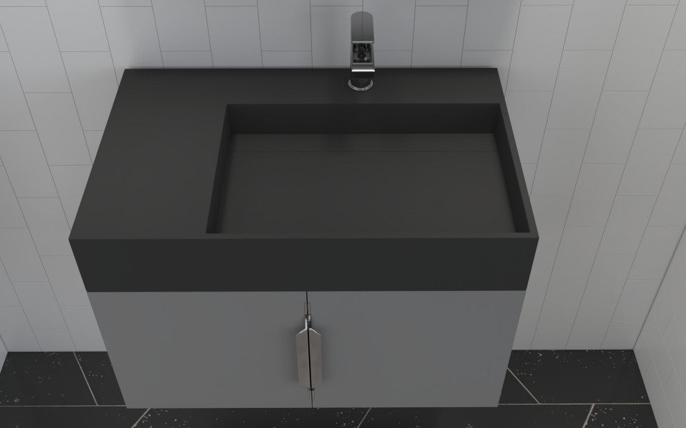 CastelloUSA Amazon 30" Right Wall Mounted Bathroom Vanity Set, Gray, Black Top, Chrome Handles