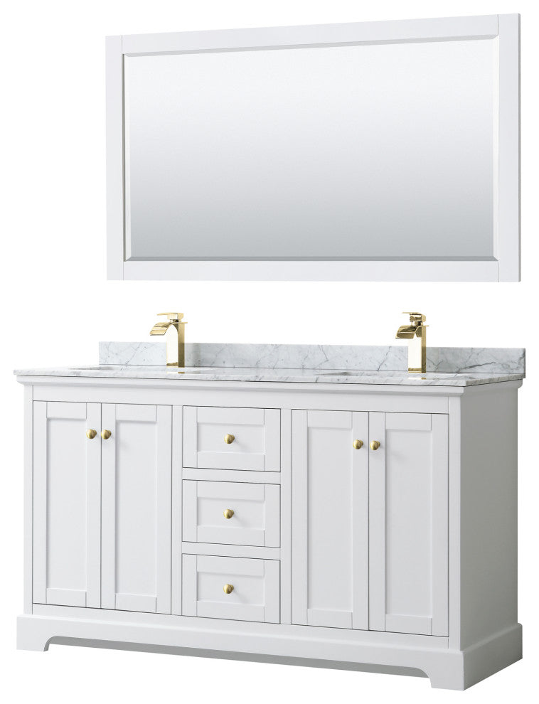 60"DBL Bath Vanity White, Carrara Countertop, Sinks, 58" Mirror, Gold Trim