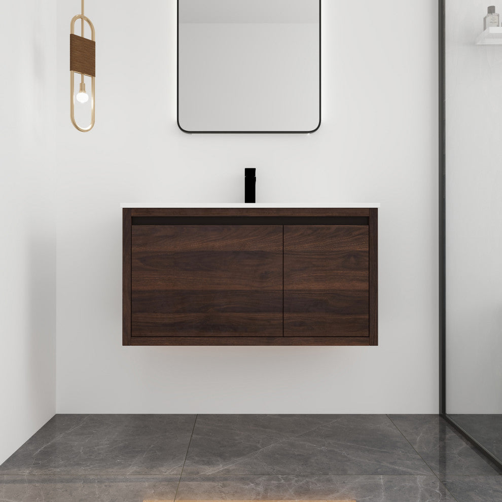 36" Plywood Wall Mounted Bath Vanity Set, Integrated Resin Sink