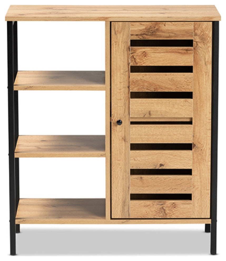 Oak Brown Finished Wood and Black Finished Metal 1-Door Shoe Storage Cabinet