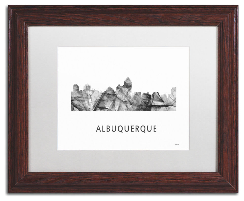 ''Albuquerque Nm Skyline Wb-Bw'' Matted Framed Art, Wood Frame, White Matte, 14x11