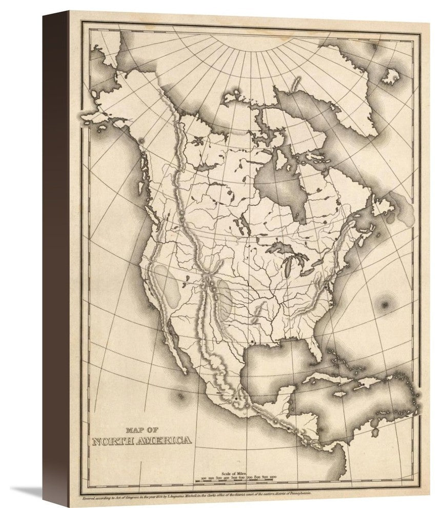 "Map of North America, 1839" Canvas Giclee by Samuel Augustus Mitchell, 12"x16"