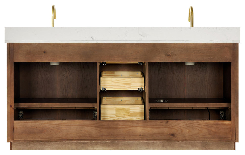 Oza Bath Vanity with Quartz Stone Top, Aged Dark Brown Oak, 72", Double Vanity, No Mirror