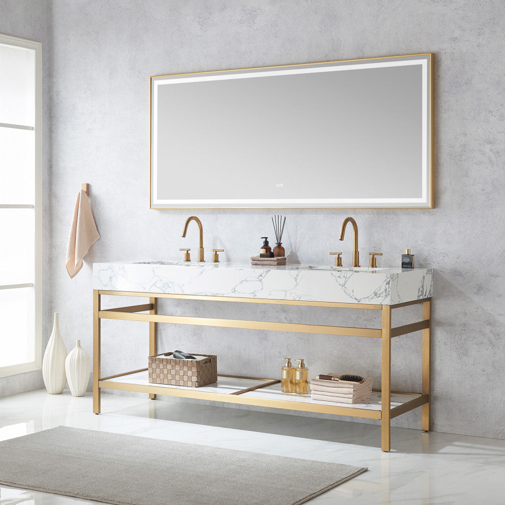 Ecija Bath Vanity, Metal Support with Stone Top, Brushed Gold, 72 in., With Mirror